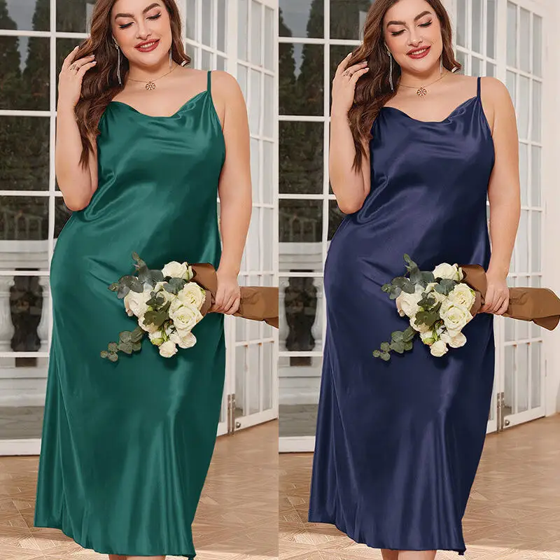 Long Nightgown Oversize 3Xl 4Xl 5Xl Sleepwear Lady Satin Home Dressing Gown Spaghetti Strap Loose Lingerie Lace Trim Nightwear