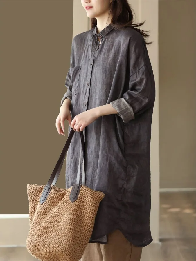 Retro algodão linho irt tamanho grande feminino cor pura k estampado comprimento médio único ket aberto cardigan outono nova chegada