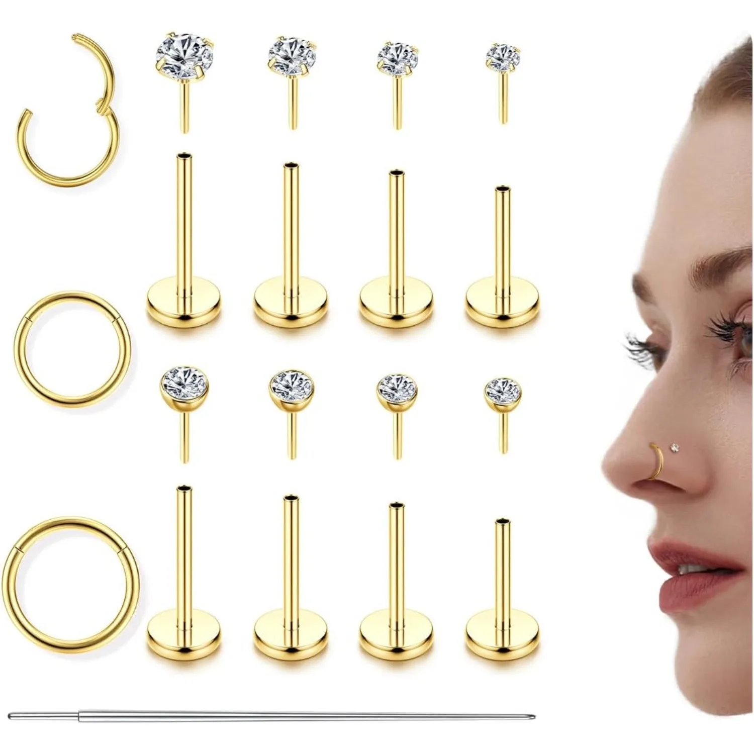 11Pcs 14K Gold Filled Flat Back Nose Studs For Women Men Hypoallergenic Surgical Steel Nose Rings Hoops- Threadless Flat Back Earrings Helix Cartilage Tragus Conch CZ Stud Labret Lip Nostril Septum Ring Body Piercing Jewelry 20G 18G 16G