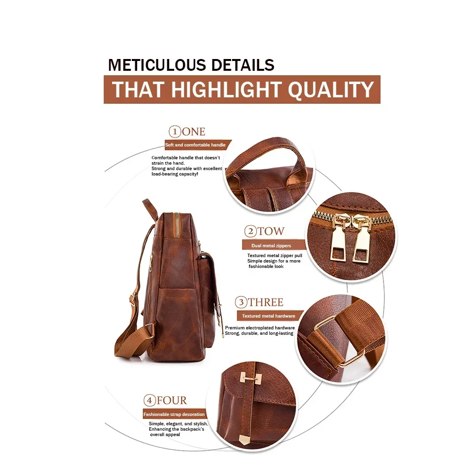 Trendy Women\'s Backpack Vintage Pu Leather Daypack Brown  Casual Travel Bag Retro Student School Bag Sac