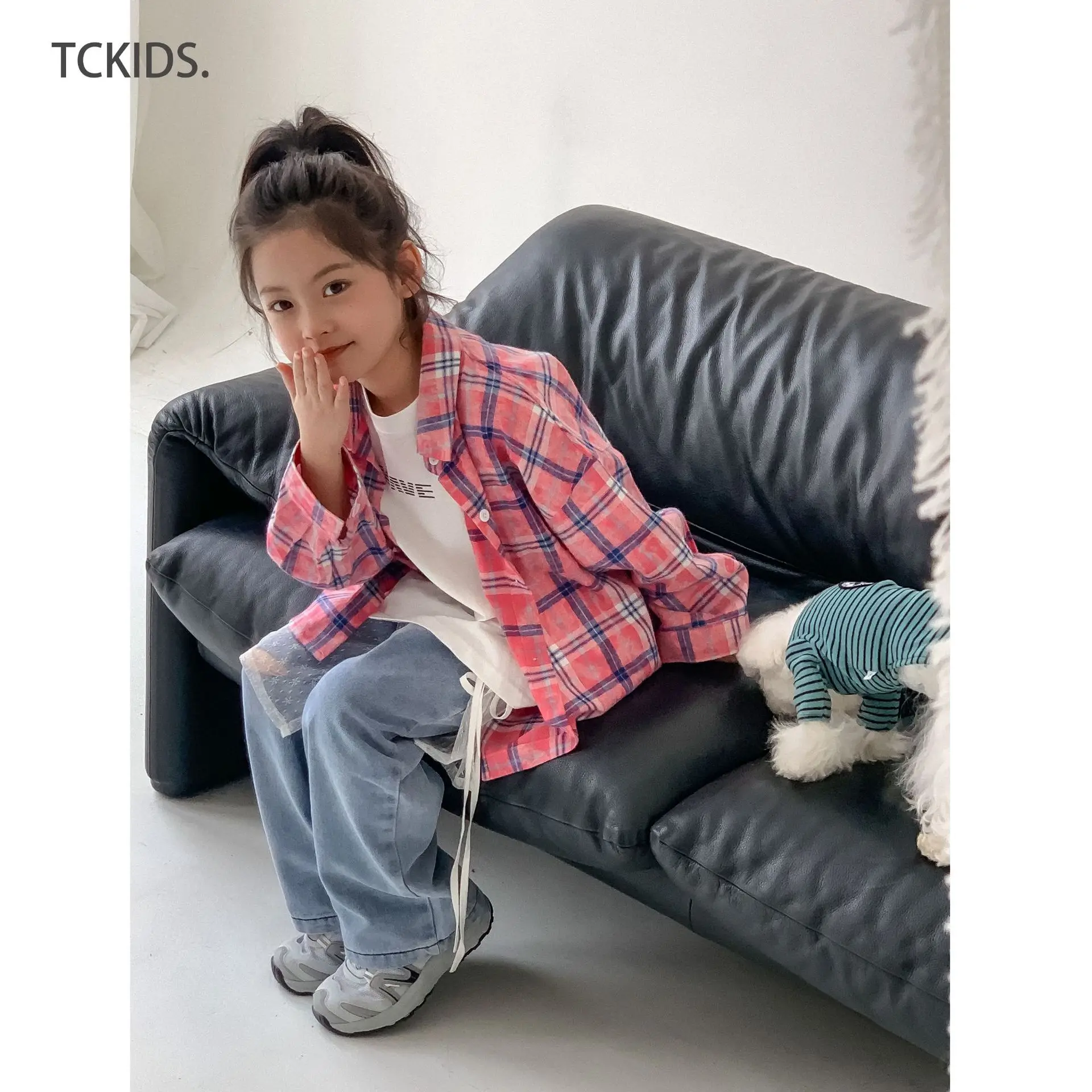 Kid Coat 2024 Spring and Summer Boys and Girls Green Plaid Spring Colored Pink Plaid Neutral Style Sub Shirt Coat Kid Cardigan