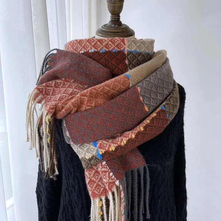 

Women's New Red Scarf New Autumn Winter Checkered Scarf Korean Retro Shawl Student Faux Cashmere Warm Fringed Checkered Neck