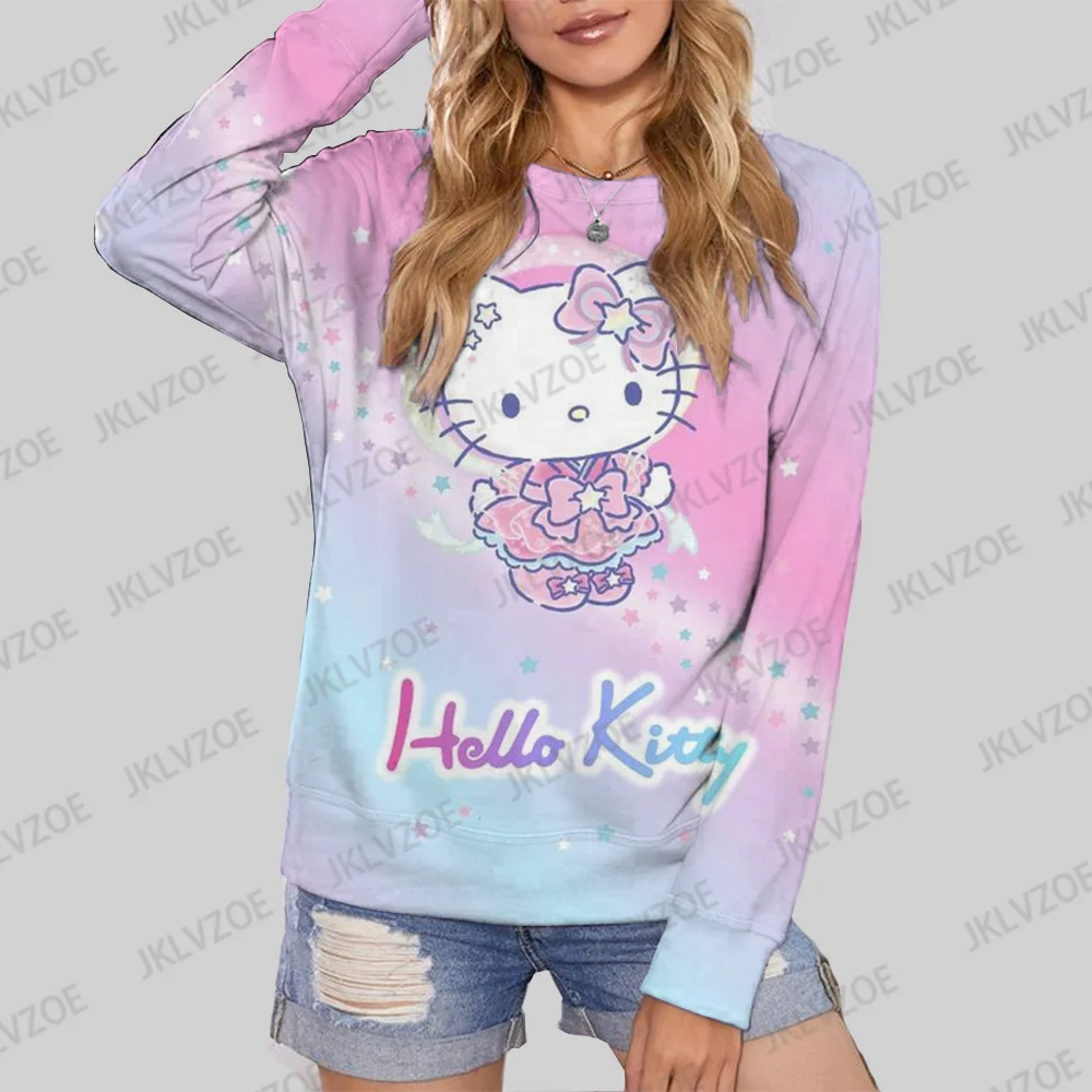 

Winter Women Clothing Fashion HELLO KITTY 3D Print Woman Round Collar Casual Long-sleeve Sweatshirt Loose Pullovers Streetwear