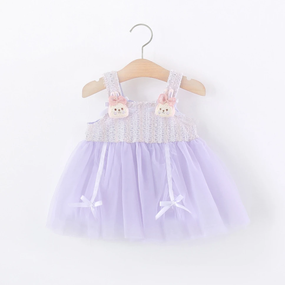 

New Arrival Toddler Girl Summer Dress Cute Bunny Decor Purple Tulle Suspender Princess Dress Birthday Outfit