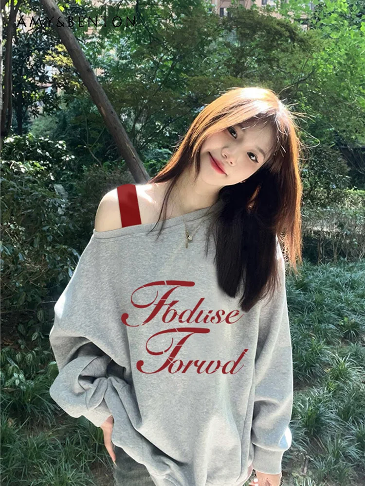 2025 Spring and Autumn New Women's American Retro Gray Off-Shoulder Loose Casual Long Sleeve Letter Print Sweatshirt
