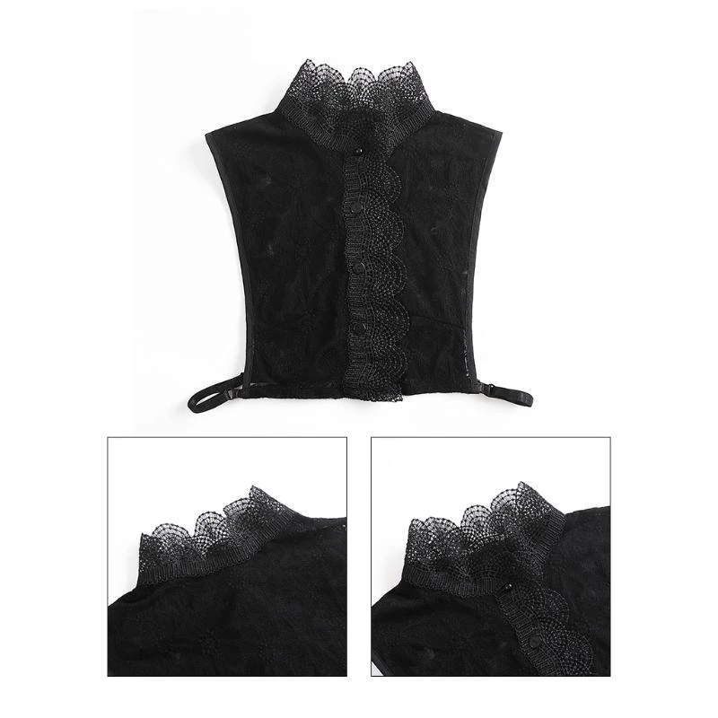 Q5WE Women European Vintage Black Half Shirt Floral Lace Splicing Detachable Dickey Hollow Out Ruffled Stand-up False Collar