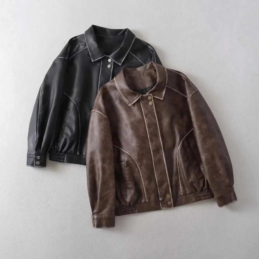 Damska kurtka retro z postarzanego sztucznego skórzanego materiału PU, mocno spranej, z efektem szczotkowania, z długim rękawem, luźny krój, jesienna, modna, w stylu hot girl.