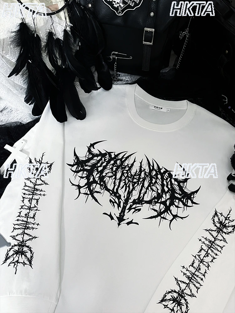 

Goth Dark Subculture Long Sleeve Print Thin Black Sweatshirt Coats Women Punk Y2k Autumn Loose Crew Neck Pullover Top for Female