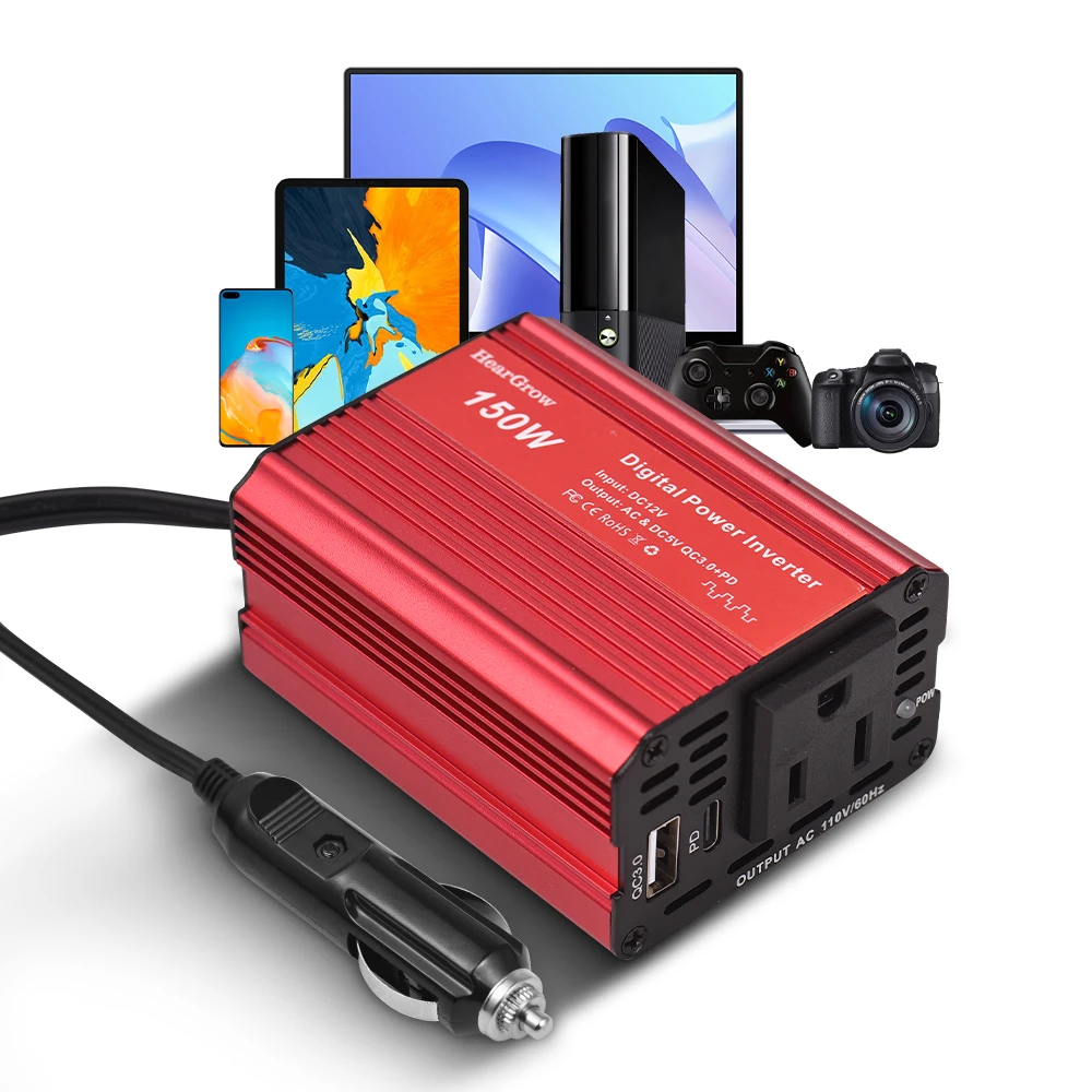 

150W Power Inverter 12V to 110V/220V AC Car Plug Adapter for Car Cigarette Lighter Outlet Converter for Phone Laptop Computer