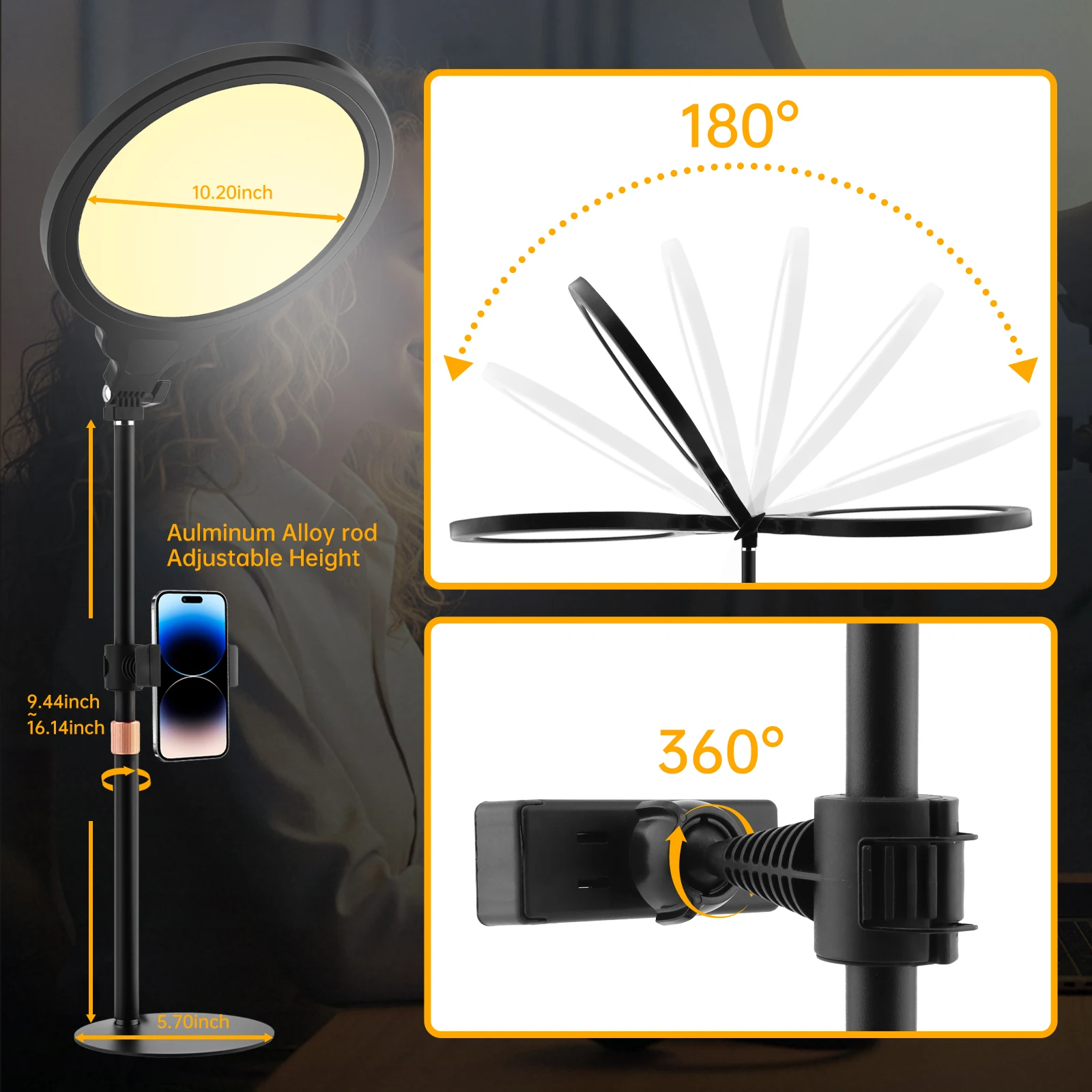 10.5 In Table LED Selfie Ring Light Phone Holder Stand for Video Live Streaming 360 Rotate LED Photography Light Desk Fill Lamp
