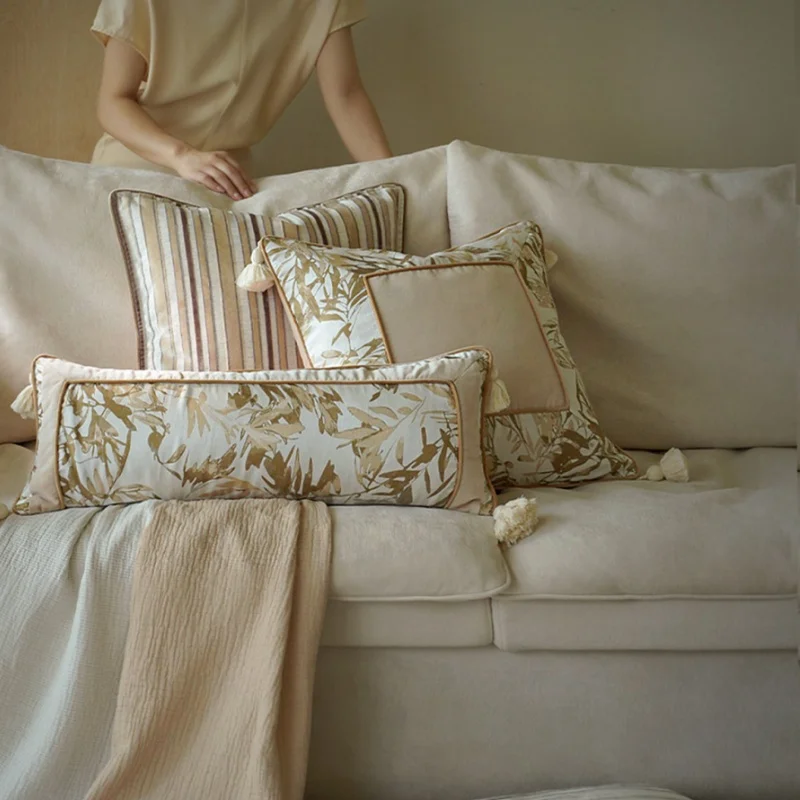 Chinese Champagne Color Pillows Retro Bamboo Jacquard Cushion Case Luxury Art Decorative Pillow Cover For Sofa Chair Home Decor