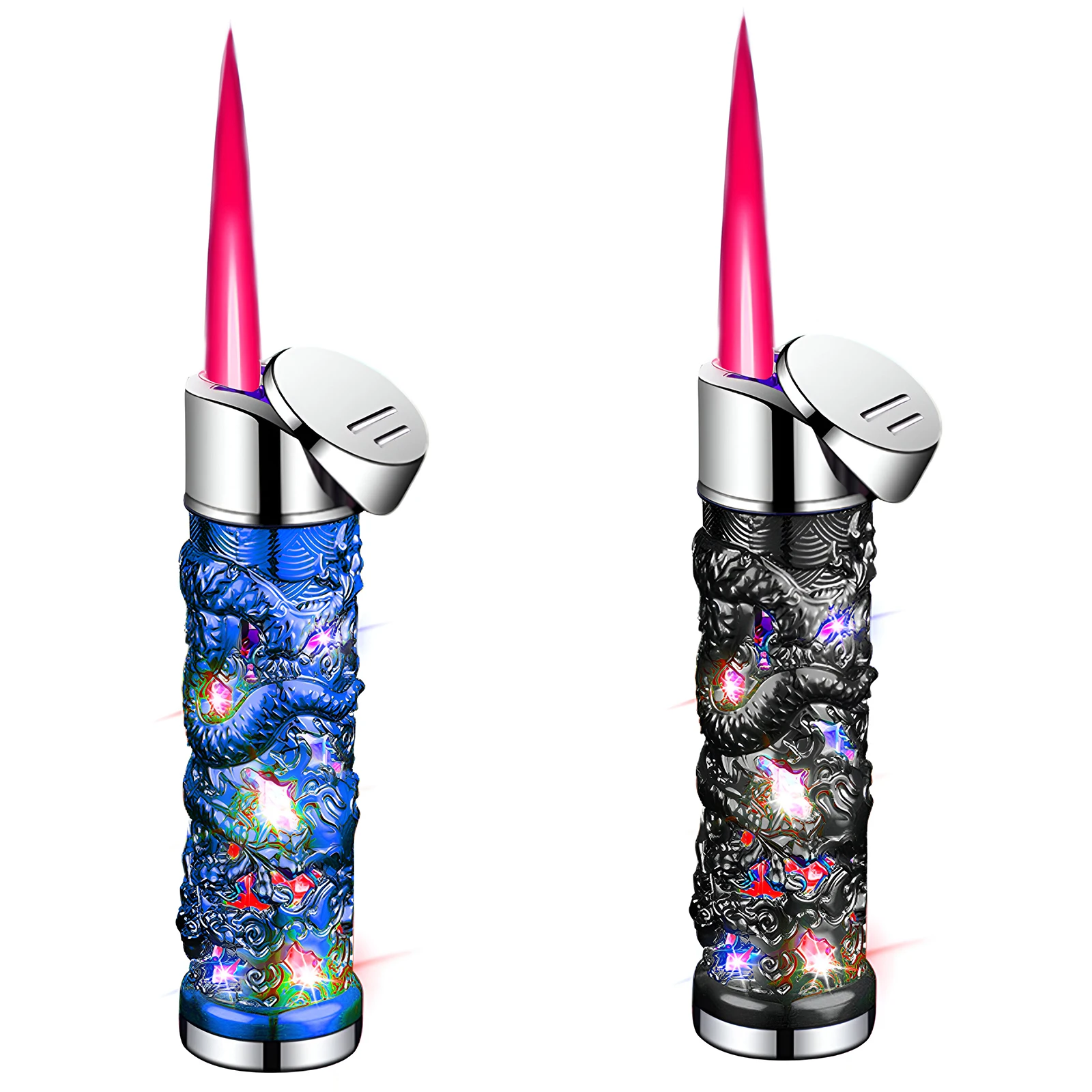 2 Pack Cool Dragon Design Magic Dual Flame Torch Lighter with Adjusting Flame Tool Windproof Cigarette Lighter (Without Butane)