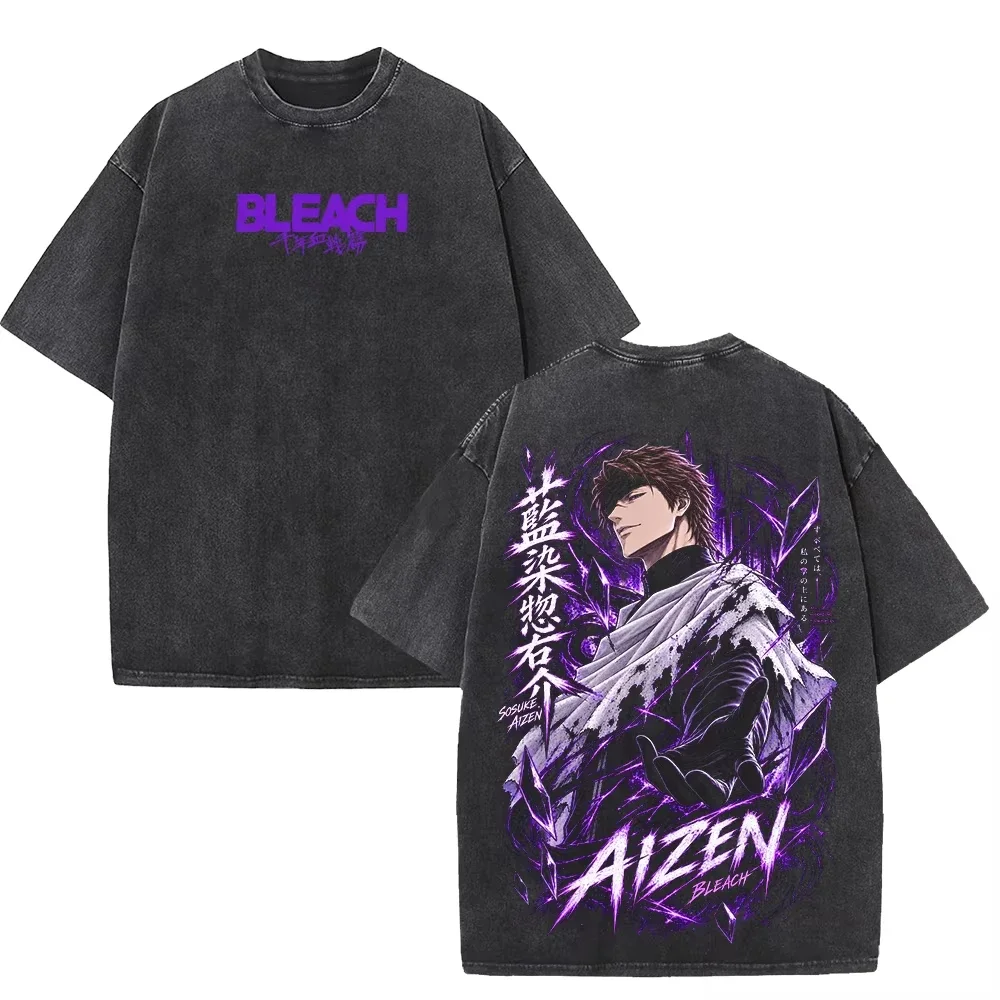 Trendy BLEACH Sosuke Aizen T-shirt Anime Vintage Washed Oversized T Shirt Men Women Clothing Short Sleeve 100% Cotton Tee Top