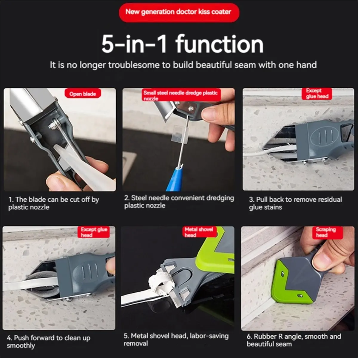 5-in-1 Silicone Caulking Tool Set - ,Smooth Remover,Grout Finisher Kit for Floor Mould Removal & Home Improvement