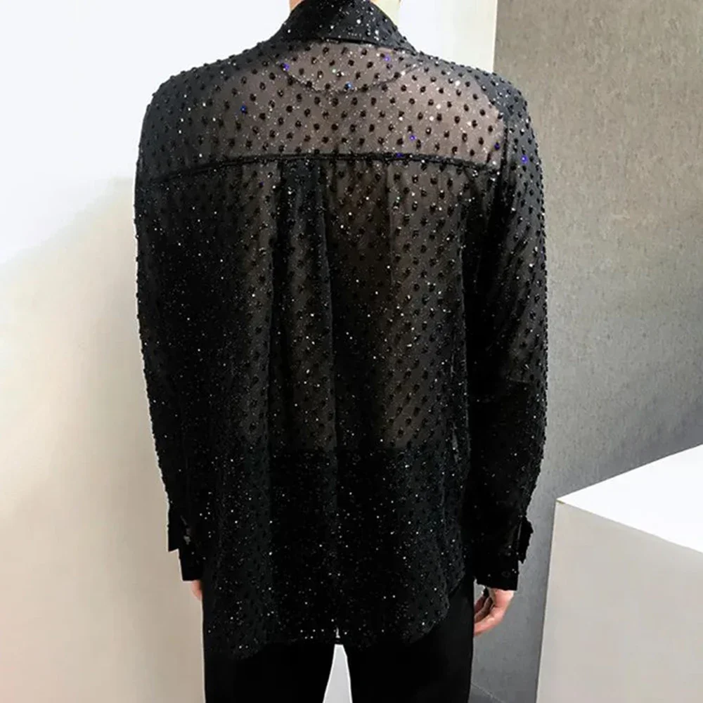 2024 Spring And Autumn New Mens Sexy Mesh See-Through Long-Sleeved Shirts Genderless Fashion Youth Nightclub Shiny Tops Unisex