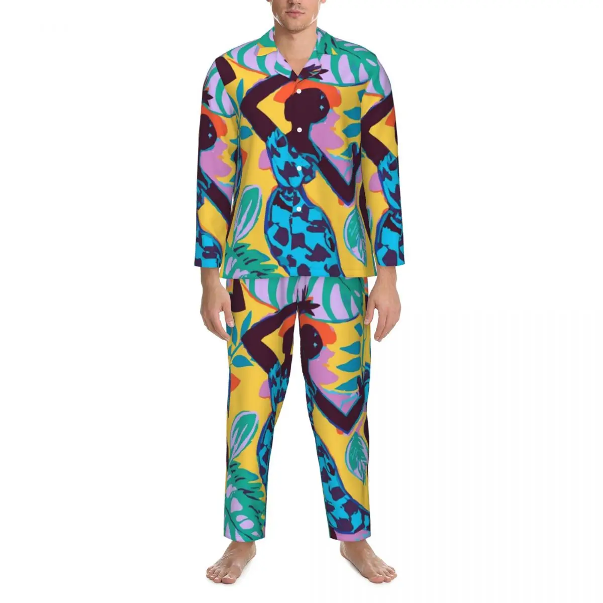 Pajamas Mens African Women Dancing Daily Nightwear Joyful and Colorful Art 2 Piece Vintage Pajama Sets Oversized Home Suit