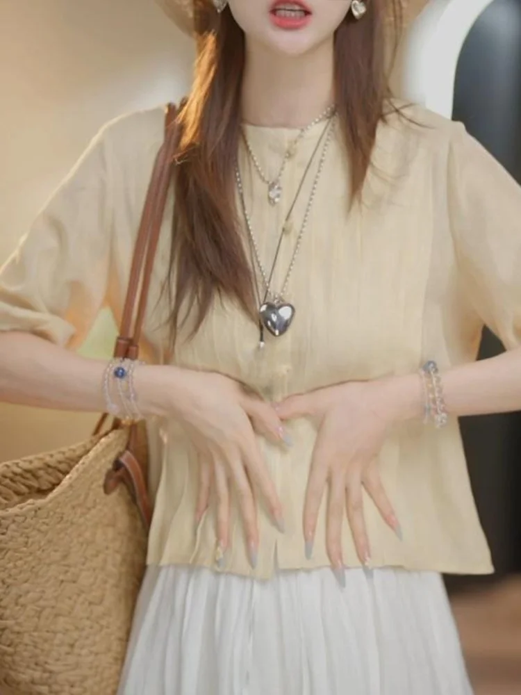 

Ele Yellow Five-Quarter Sve irt Women's Summer New Waist-Cinching Tummy Covering Doll irt ort Top Casual Sle L...