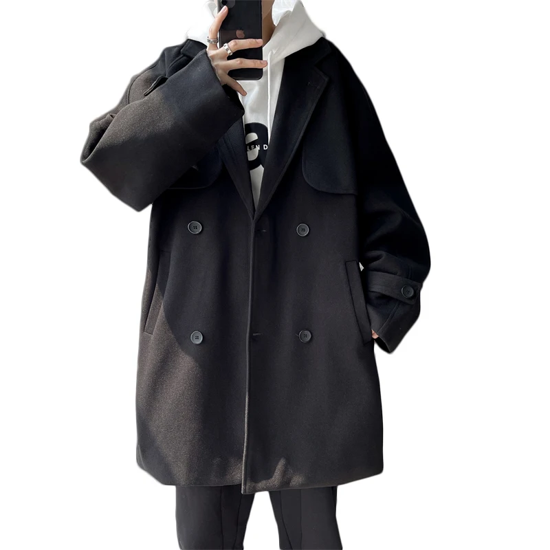 LAPPSTER Korean Fashion Winter Jacket Trench Coat 2023 Wool Long Coat Mens Harajuku Vintage Black Luxury Casual Windbreakers 5XL