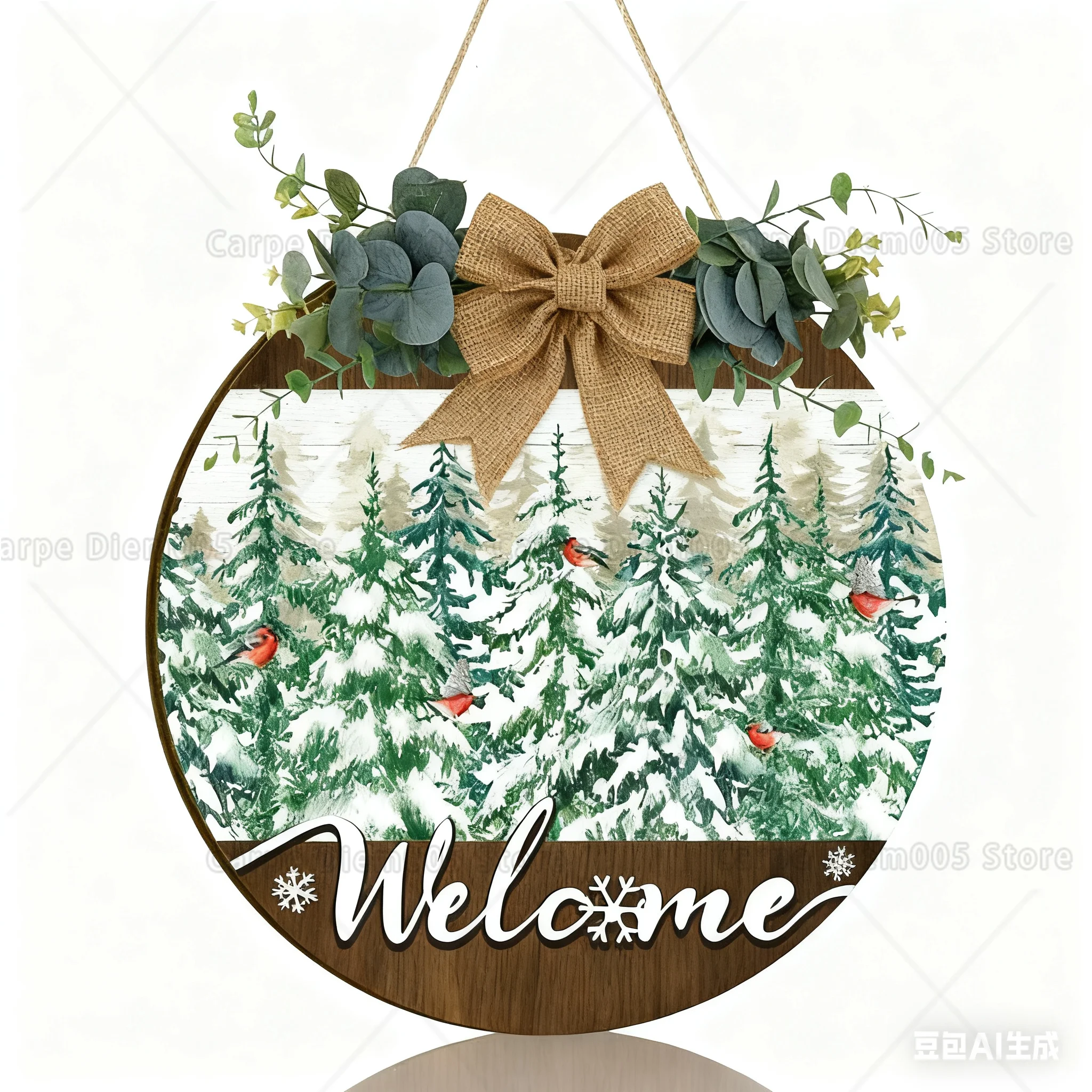 Hello Winter Welcome Christmas Snowy Round Door Sign for Front Door Porch Farmhouse Wreath Round Wood Decor Gift 12in Pine Tree