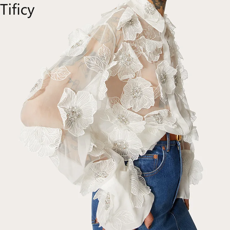 

TIFICY Women's Spring New Fashion Flip Collar Heavy Industry Organza Embroidery 3D Flower Sequin Splicing Design Feeling Shirt