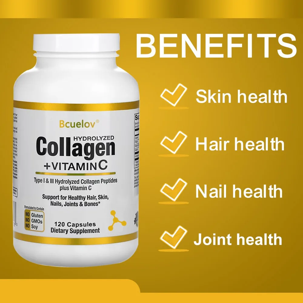 Hydrolyzed Collagen Peptide Supplement Plus VitaminC, Anti-aging, Supporting Hair, Skin, Nails, Joints & Bones Health