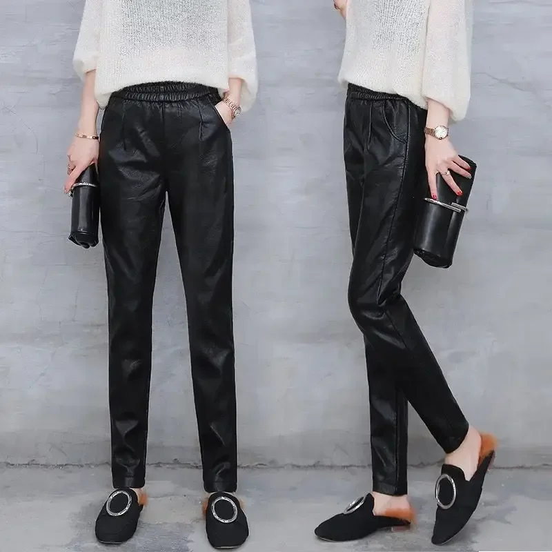

Faux Leather Pants Women's New Winter Warm Pants High Waist Pu Leather Harem Pants Thickened Black Trousers Pantalon Femme E12
