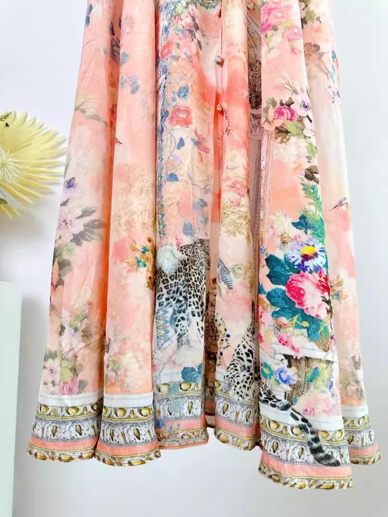 Robe Maxi pour femmes, imprimé floral rose, perles lourdes, col en v, taille haute, manches longues, élégante, 100% soie