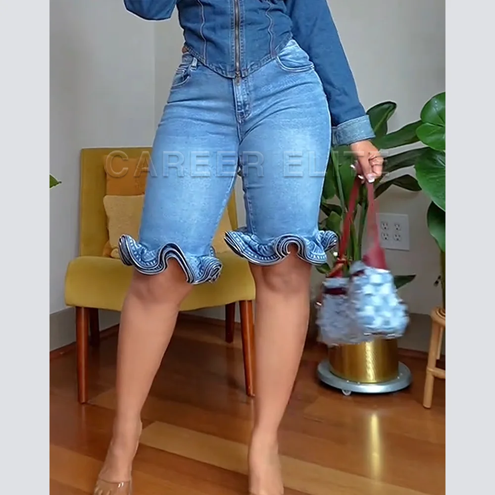 Women's High-Waisted Ruffled Hem Knee-Length Denim Shorts – Casual Stretch Jeans with Flared Hem for Summer Streetwear