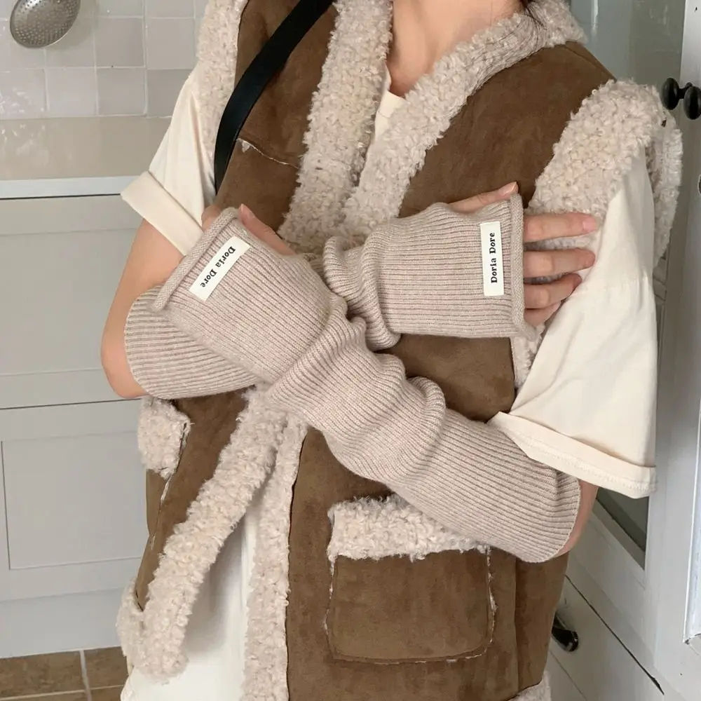 Korean Style Knitted Warm Sleeves Hole Solid Color Long Fingerless Sleeves Sweet Spicy Girl Warm Arm Covers Cycling