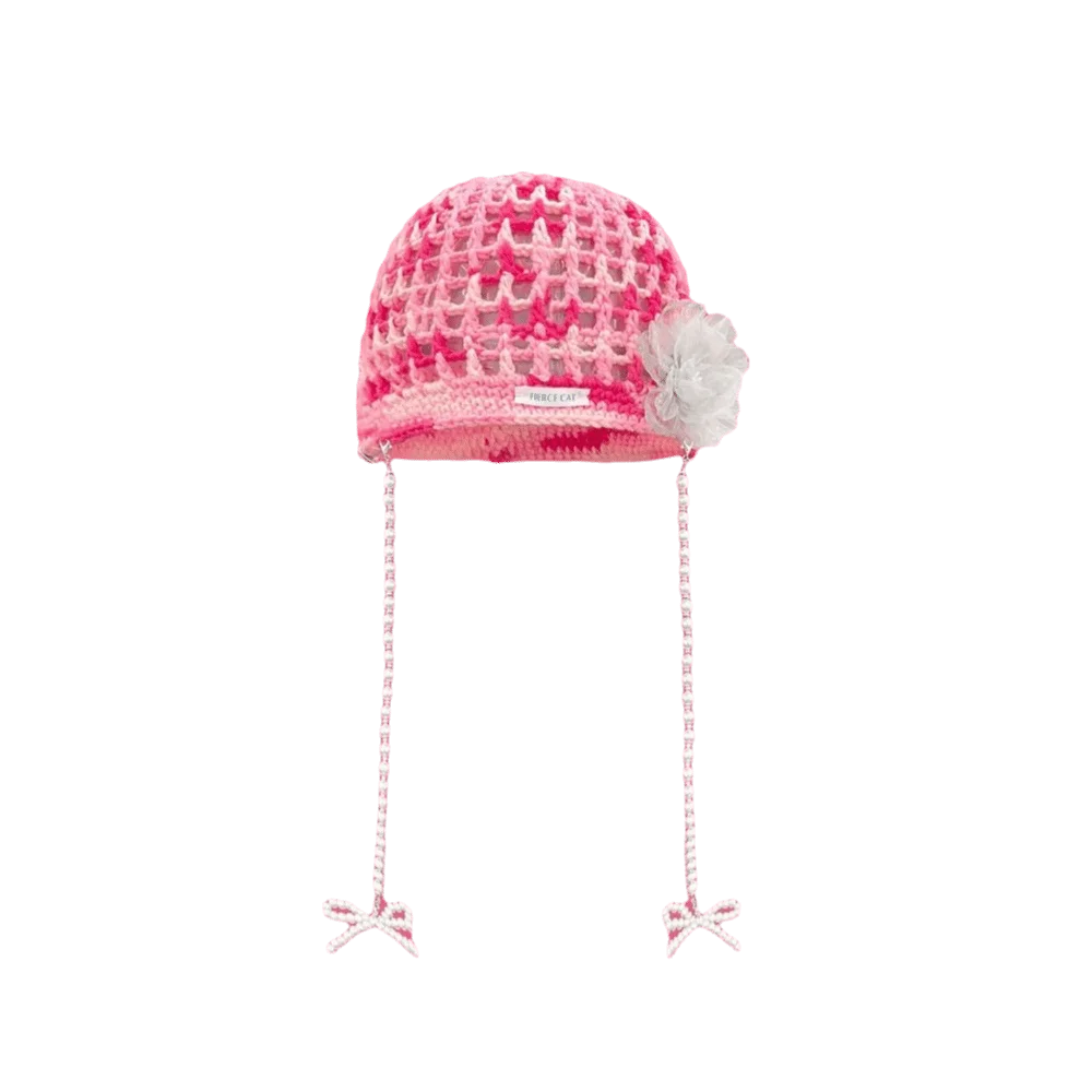 

Bohemian Style Crochet Tassel Beanies Hat Dopamine Color Hollow Flower Pullover Cap Weave Handmade Bow Pearl Beanie Cap Girls