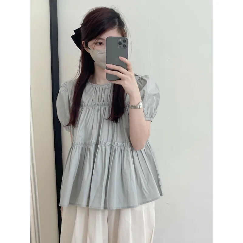 Ruffles Shirts and Blouses Korea Solid Summer Top Women 2024 Elegant and Youth Woman Blouses Solid Fashion Short Sleeve Clolthes