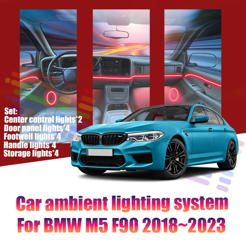 

Светодиодные лампы для BMW M5 F90 2018~2023, цветная атмосферная подсветка, неоновые полосы для интерьера авто, 64 RGB-цвета.