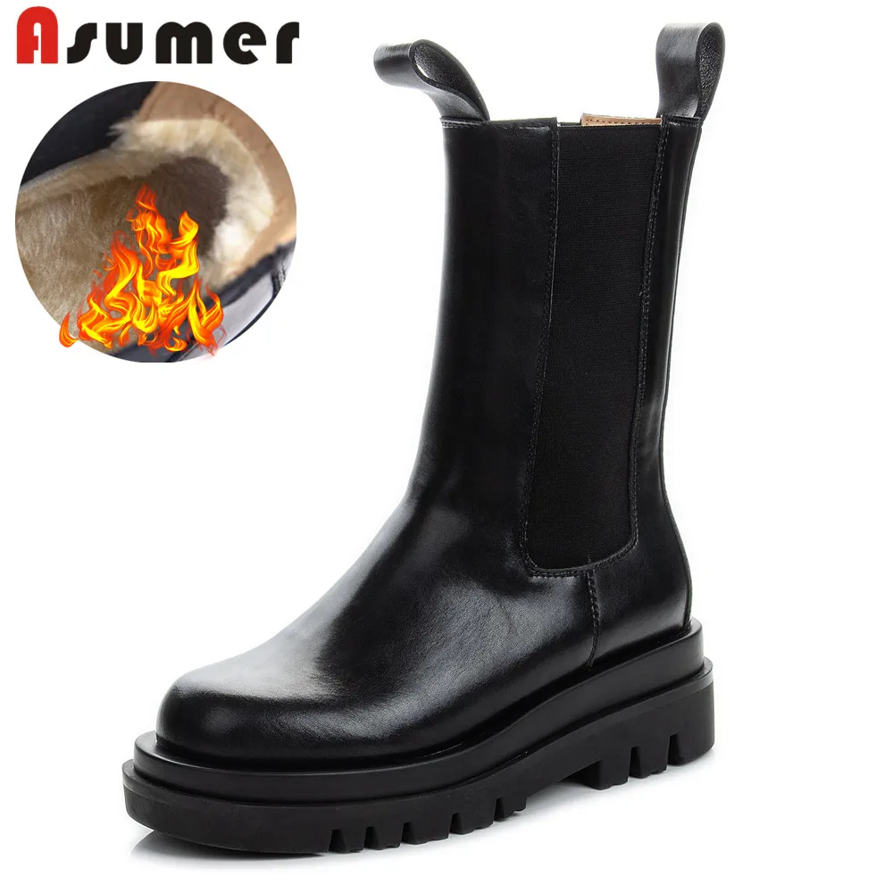 ASUMER 2024 New Full genuine leather boots women slip on Chelsea boots platform shoes fashion chunky ankle boots for women shoes