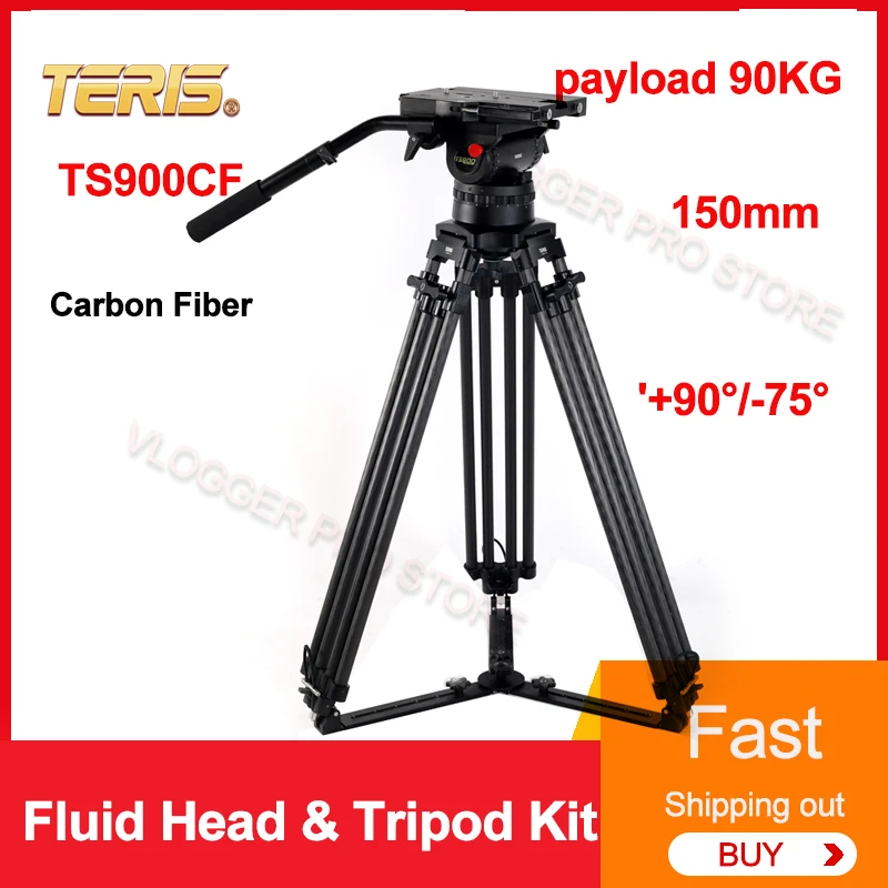 Teris TS900CF Fluid Head & Tripod Kit 150mm Head fitting Load 90kg Carbon Fiber Tripods Profession Photograhy Video Accessories