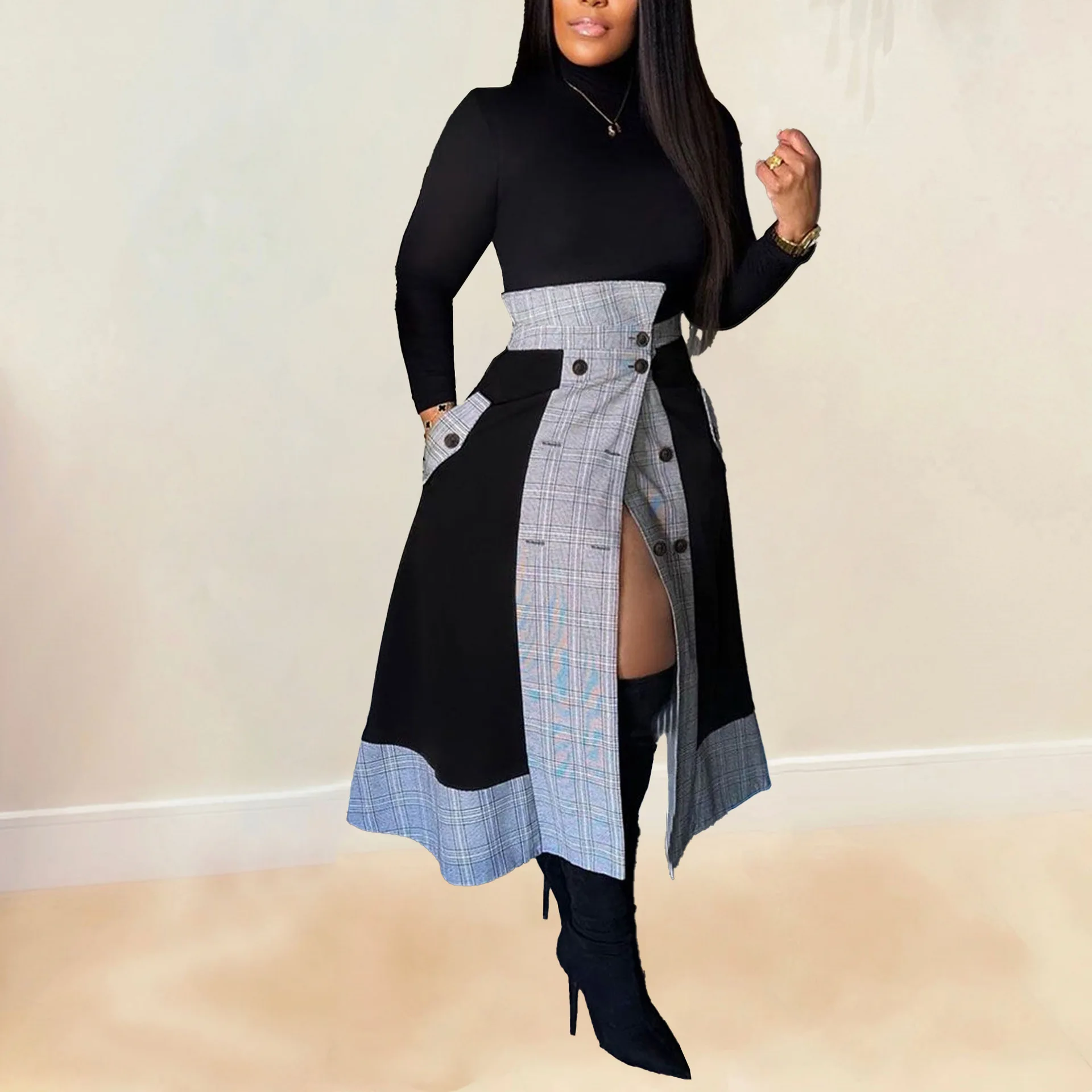 

Two Pieces Skirt Outfit 2023 Autumn Winter Sexy Women Patchwork Double Breasted Lattice Skirt Set Top+Split Skirt Commute Suit