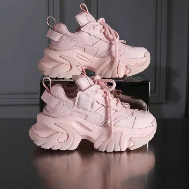 

New 2024 Fashion Breathable Platform Sneakers Women's Pink High Top Sports Shoes Ladies Dad Shoes Lace Zapatillas De Mujer