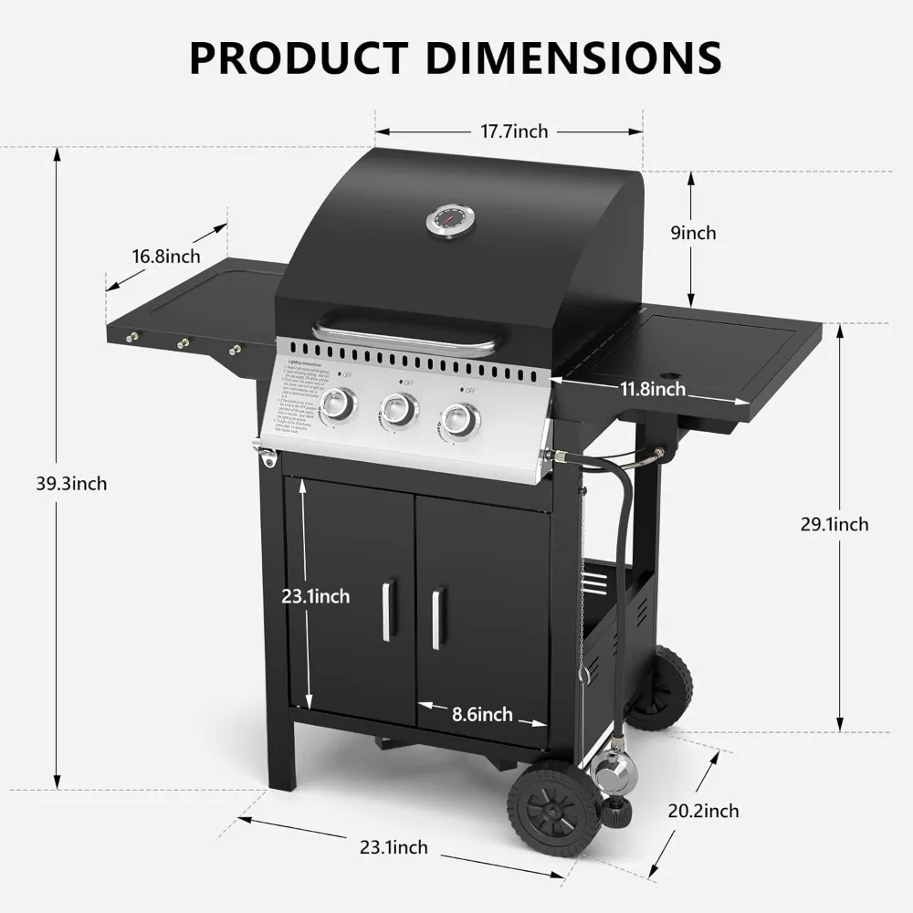 BBQ Gas Grill，30,000 BTU Ideal for Outdoor Cooking, 3 Burner Propane, Easy To Clean and Maintain, Barbecue Grill