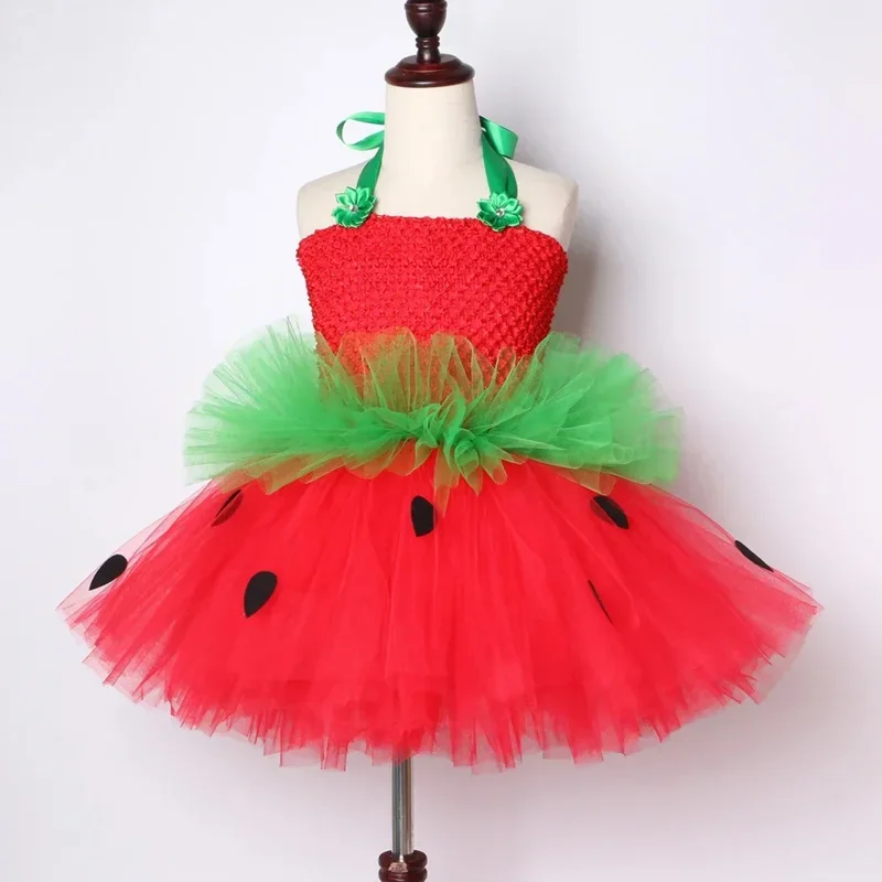 A Cute strawberry tutu dress red green tulle flowers Princess girls birthday party dress children kids Christmas Halloween costu