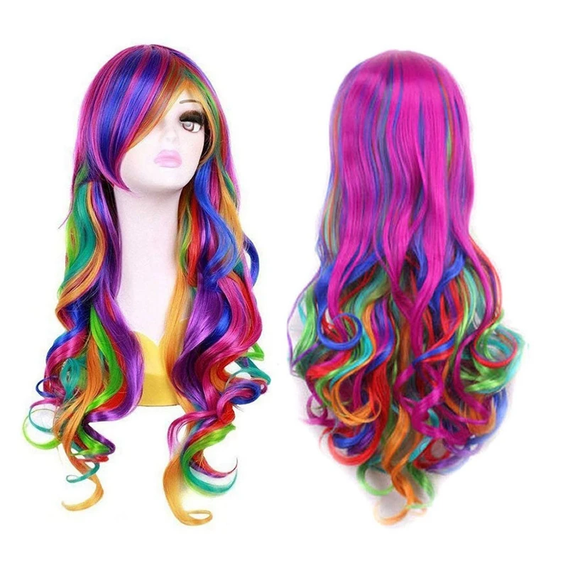 Lady Rainbow Long Curly Wigs Fashion Cosplay Costume Hair Anime Full Wavy Party Wig 70cm