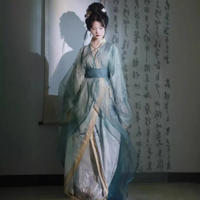 

Women's Restored Wei-Jin Style Hanfu Set Cross-collar High-waisted Warring States Robe Spring Ancient Costume