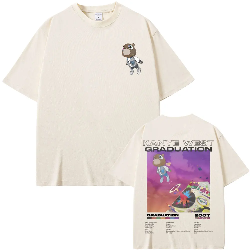 ラッパーカニエウェスト卒業クマ両面プリント Tシャツ男性女性 