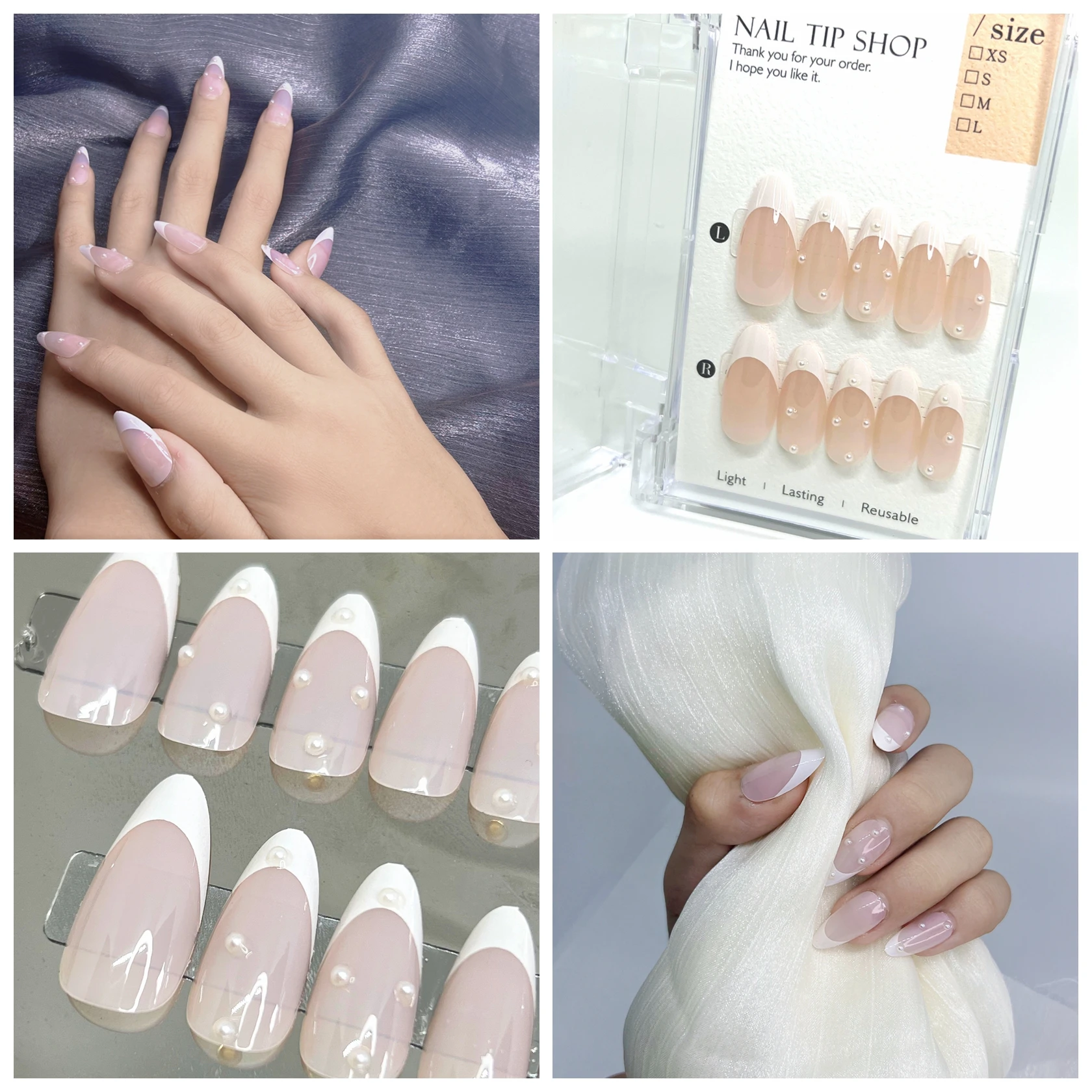 Handmade francês amêndoa unhas postiças, pressione sobre unhas, unhas curtas de verão, um senso de design, unhas dicas, Pearl White, 24 pcs