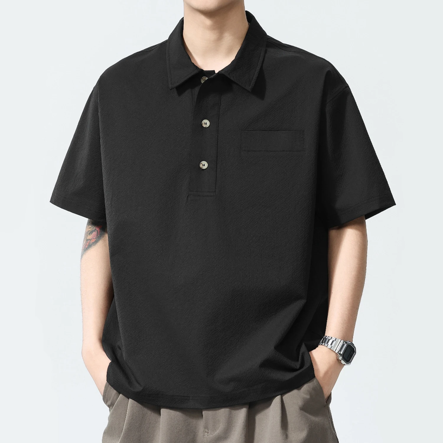 

New Thin Quick Drying Foam Gauze Short Sleeved Polo Shirt for Men, Loose and Cool Outdoor Half Sleeved T-shirt, Black Shirt