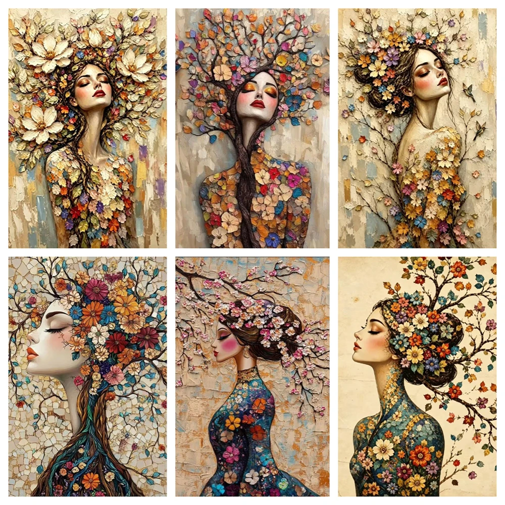 2D Flaches Mosaik Baum des Lebens Blumengöttin Leinwandgemälde Schöne Frauen Blumenporträt und Bäume Poster Druck Heimdekoration – Detail 3
