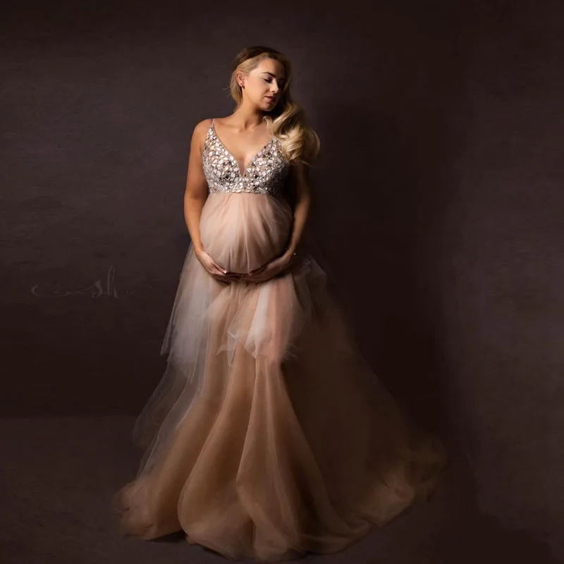 

Sparkle Sequins Long Tulle Maternity Gowns Sexy V Neck Spaghetti Strap A-line Draped Prom Dresses To Pregnancy Women Photo Shoot