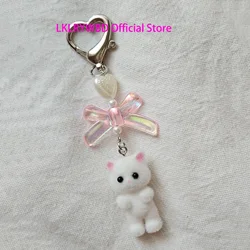 Cute Fuzzy Kitty Cat Heart Bow Keychain, Kitten, Kawaii, Pink Bow, Pearl Heart