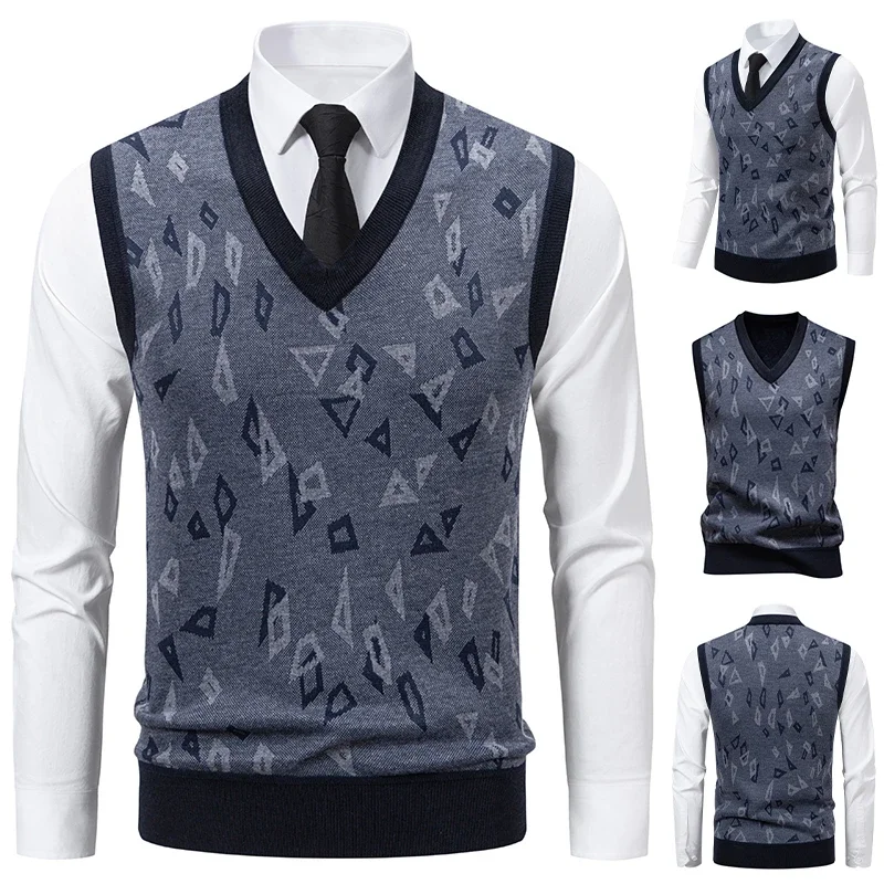 2025 Men's V-neck Knitted Sweater Warm Autumn Winter Diamond Grid Twisted Flower Casual Fashion Versatile Knit Top