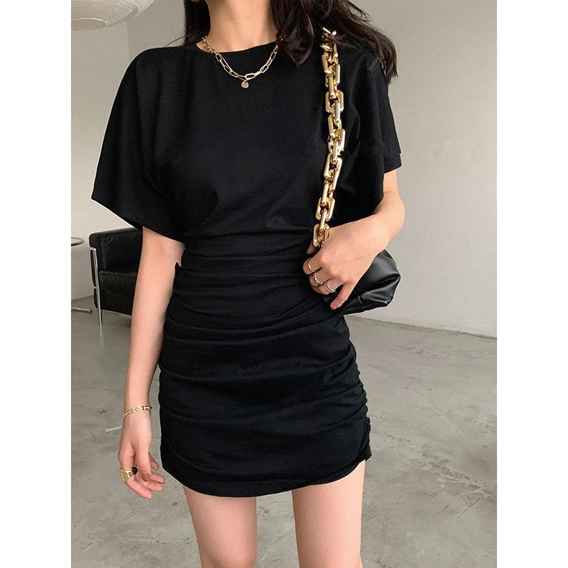 Damen Sommer Kurzarm-Kleid Figurbetontes Gerafftes Schwarzes Kurzes Kleid Elegantes Party- und Alltagskleid