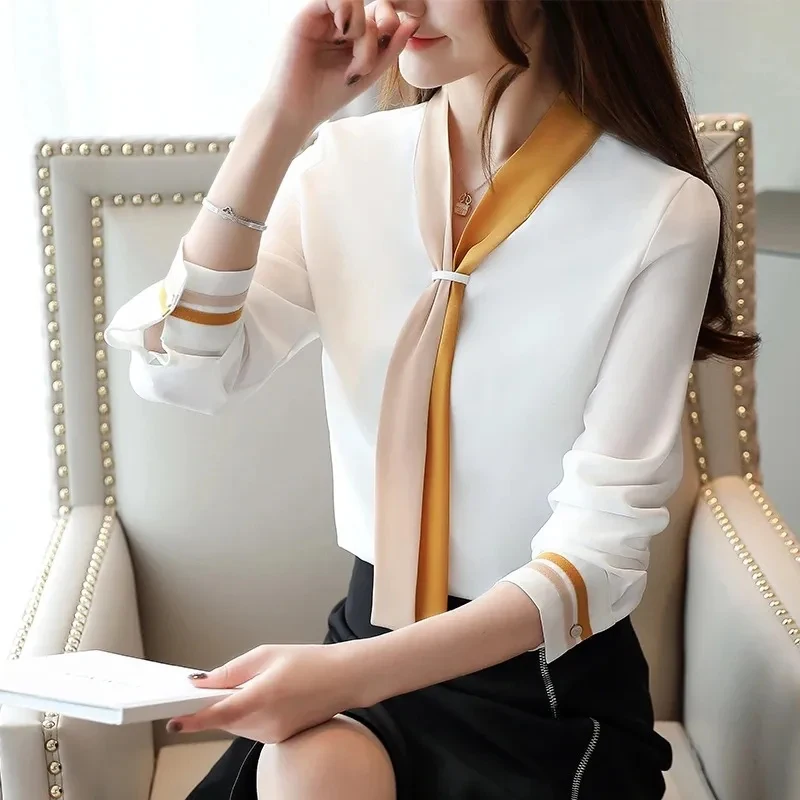 Autumn Office Shirt Vintage Long Sleeve Chiffon Blouses Casual Solid Loose Tops Elegant V-Neck Women Clothing Blusas Mujer 7188