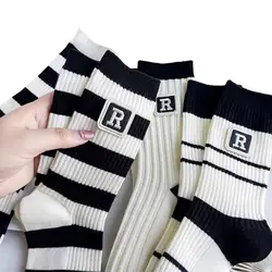 Custom Logo Stripe Embroidery R Mid Tube Socks Ins Fashion Breathable Cotton Sports Crew Socks Unisex